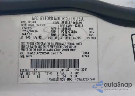 2004 Ford Explorer Xls z USA, uszkodzony, nr VIN 1FMZU72K24UB26115